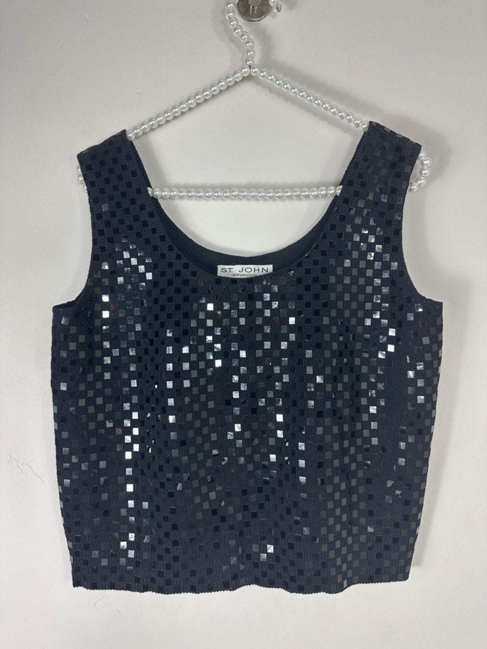 St. John Black Sequin Checkered Knit Tank Top